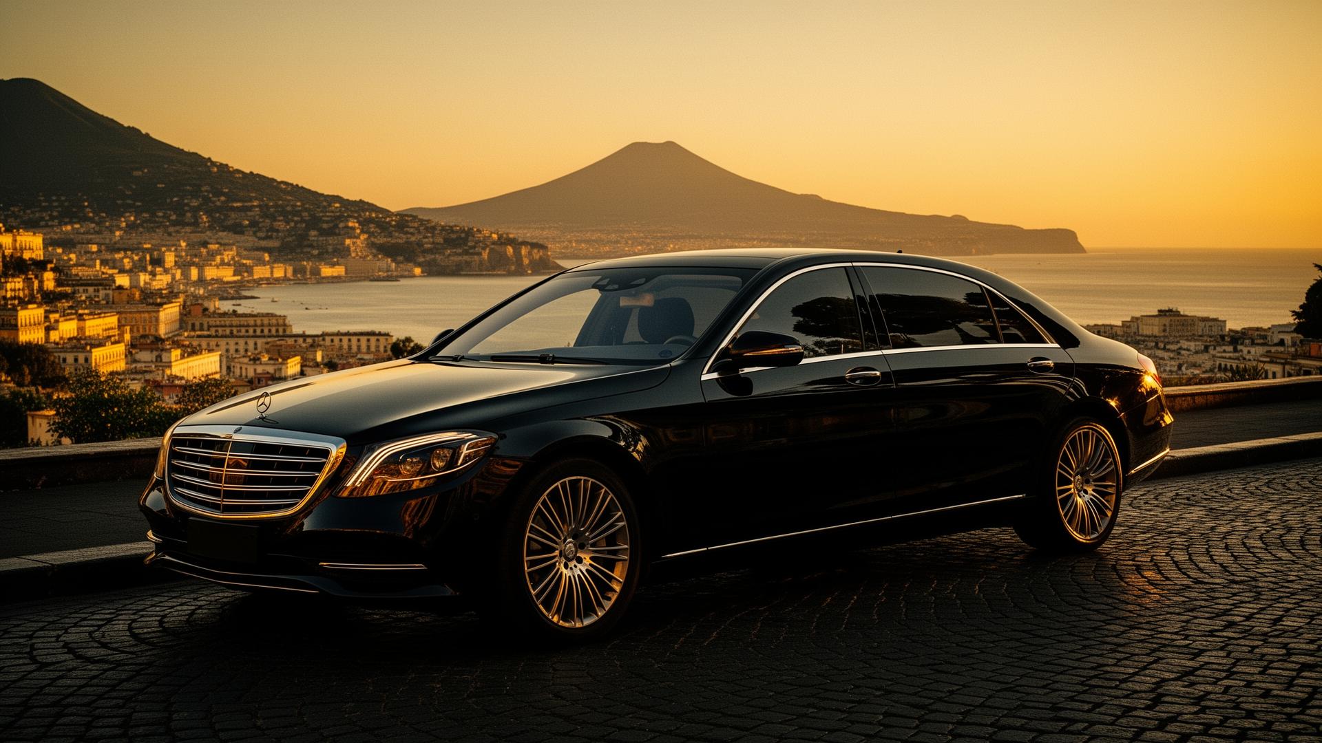 Mercedes di lusso al tramonto sul Golfo di Napoli con il Vesuvio